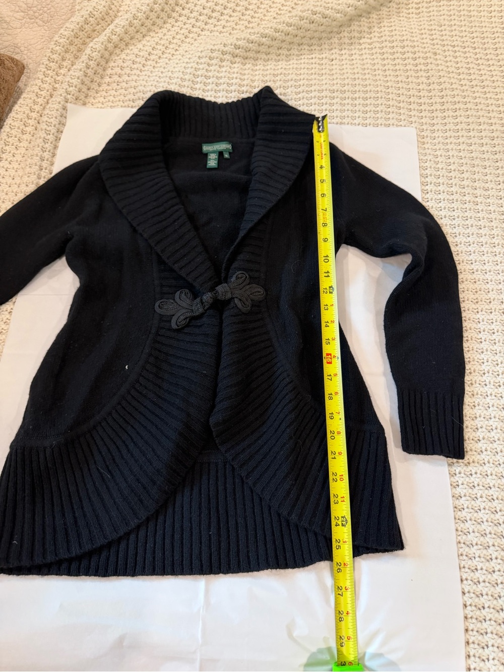 Lauren Ralph Lauren Black 100% Lambswool Shawl Collar Cardigan XS Frog Closure - Picture 8 of 9